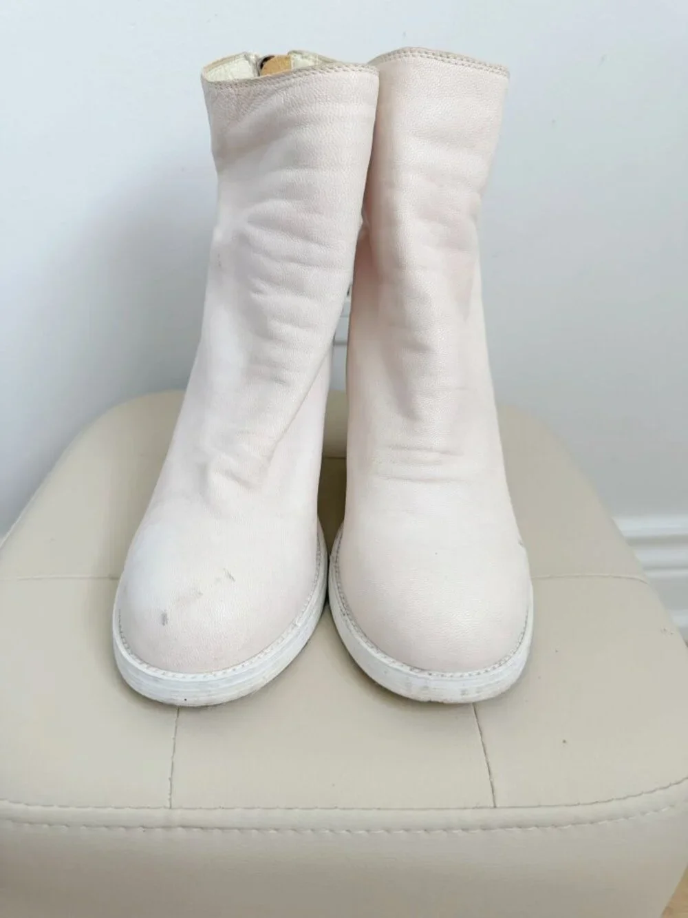 White Distressed Leather Ankle Boots Block Heel Size 37